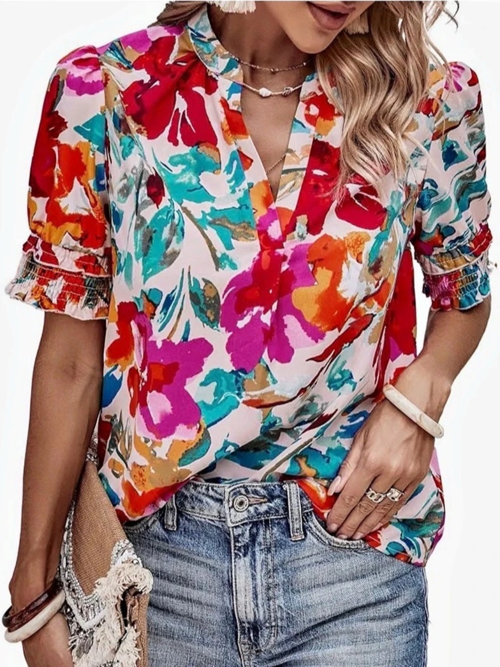 Angashion Women'Small Summer Casual Floral Print V Neck Ruffle Short Sleeve